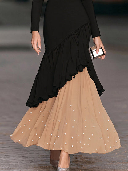 Asymmetric Ruffled Pearl-Embellished Layered Maxi Dress