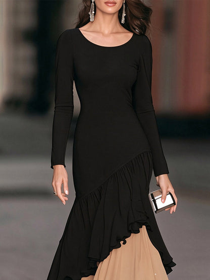 Asymmetric Ruffled Pearl-Embellished Layered Maxi Dress