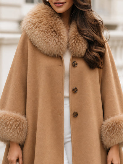 Wool Blend Cape Coat With Faux Fur Collar And Cuffs