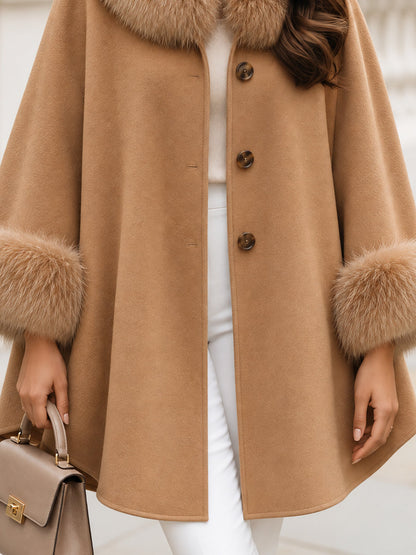 Wool Blend Cape Coat With Faux Fur Collar And Cuffs