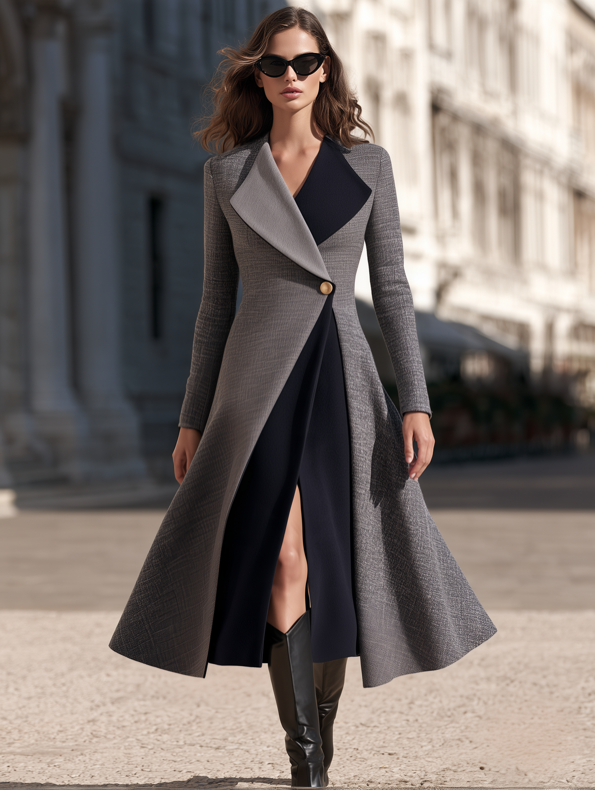 Contrast-Lapel Single-Button Coat Dress