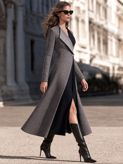 Contrast-Lapel Single-Button Coat Dress