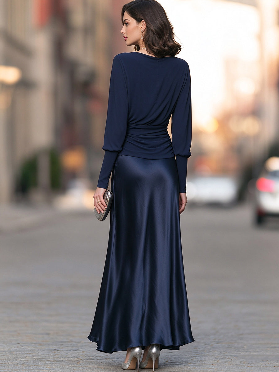 Cowl-Neck Ruched Top And Satin Maxi Skirt Two-Piece Set