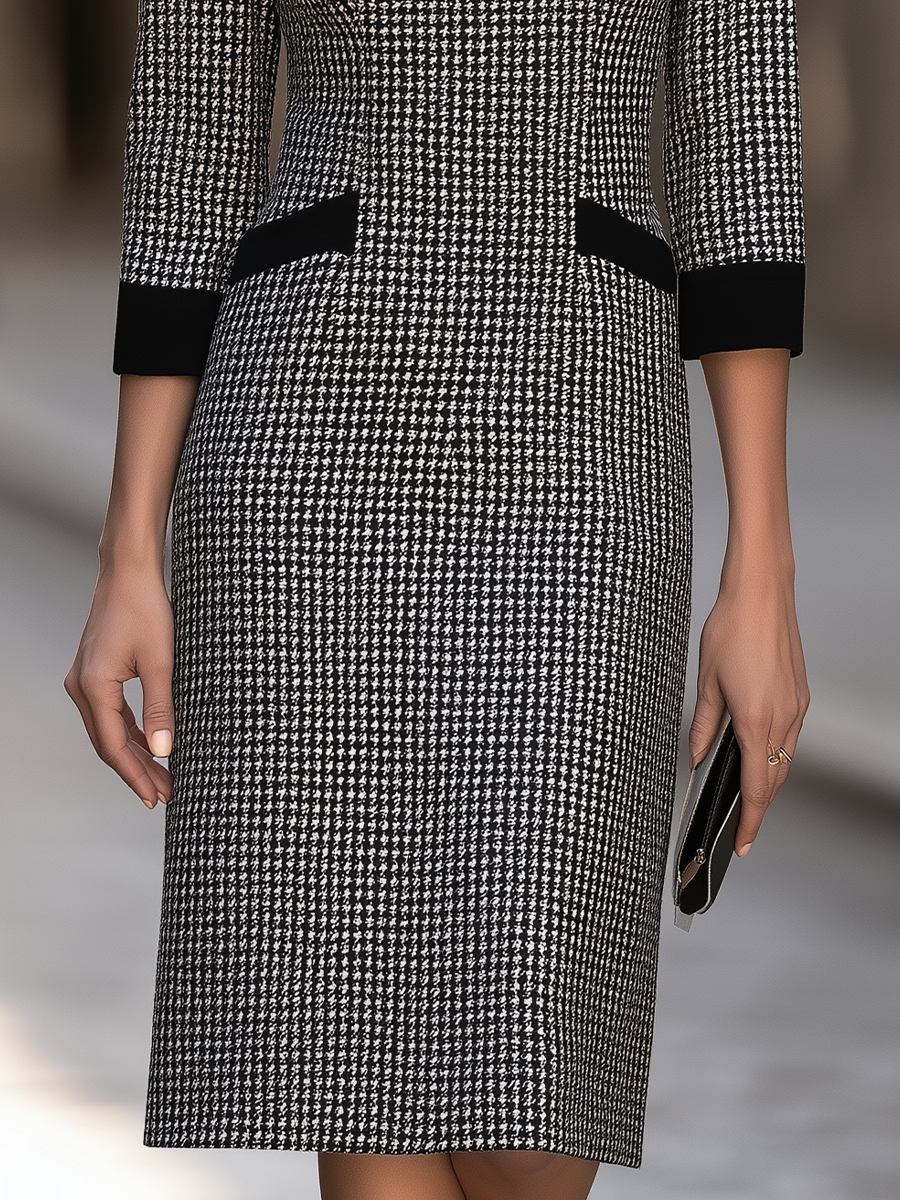 Houndstooth Sheath Dress With Pointed Contrast Collar
