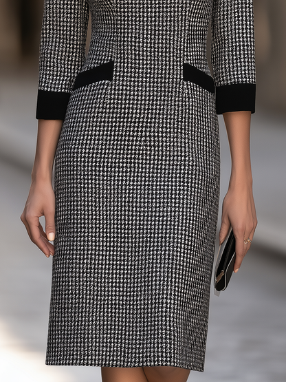 Houndstooth Sheath Dress With Pointed Contrast Collar