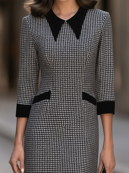 Houndstooth Sheath Dress With Pointed Contrast Collar