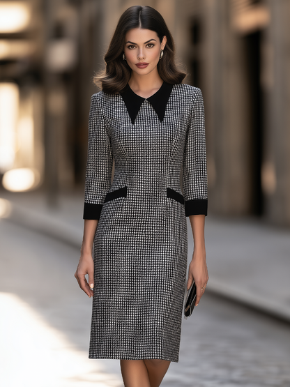 Houndstooth Sheath Dress With Pointed Contrast Collar