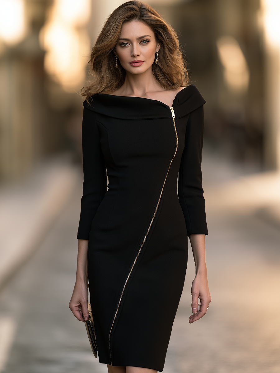 Asymmetric Neckline Sheath Dress With Diagonal Zipper