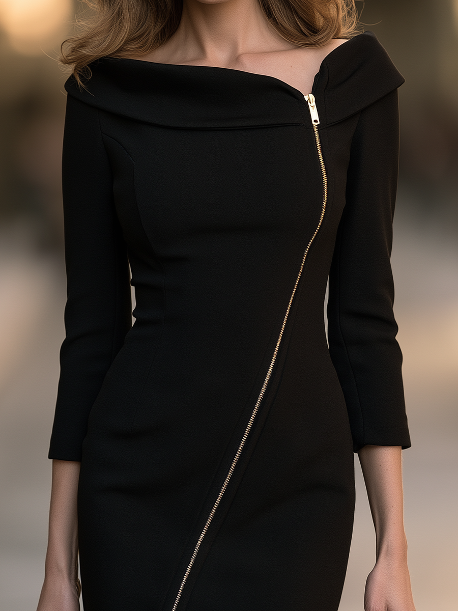Asymmetric Neckline Sheath Dress With Diagonal Zipper