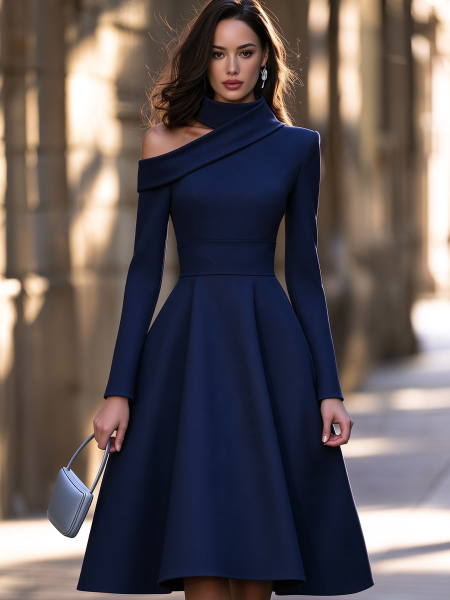 Asymmetric One-Shoulder Fit-and-Flare Midi Dress
