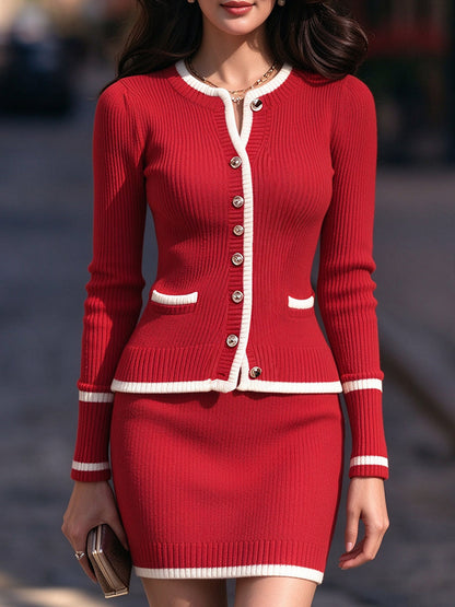 Contrast Trim Button-Up Cardigan And Mini Skirt Sweater Two-Piece Set