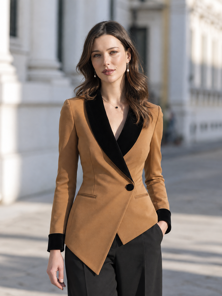 Velvet Contrast Shawl Lapel & Cuff Fitted Tailored Blazer