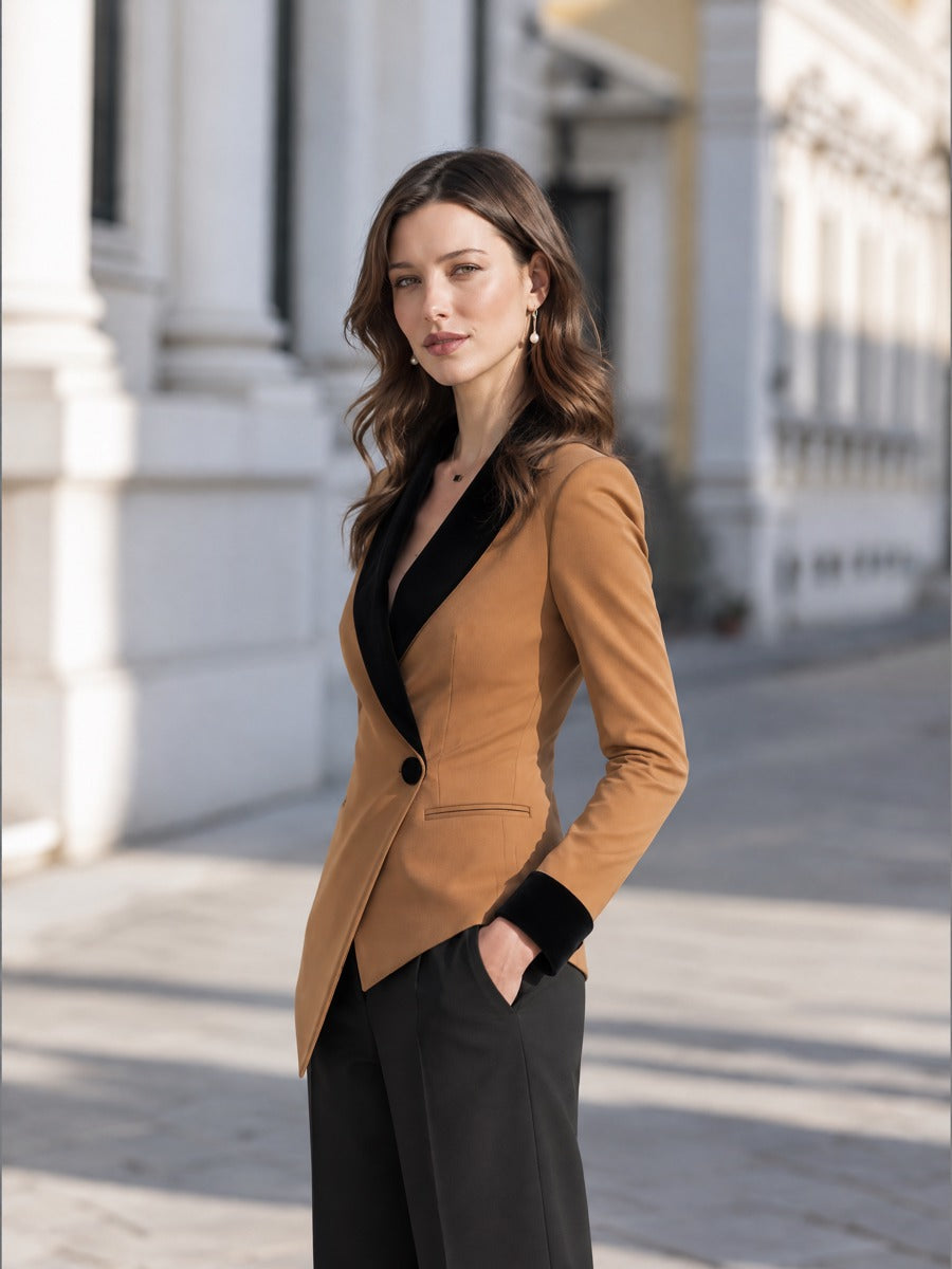 Velvet Contrast Shawl Lapel & Cuff Fitted Tailored Blazer