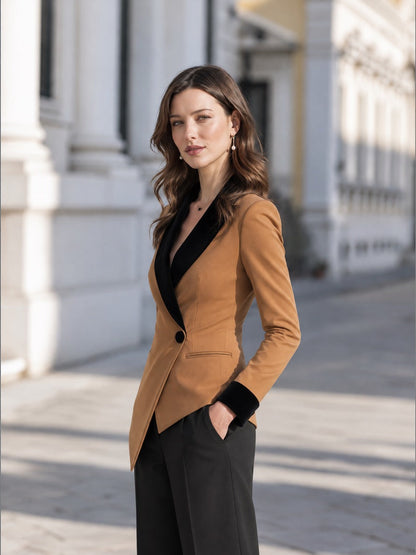 Velvet Contrast Shawl Lapel & Cuff Fitted Tailored Blazer