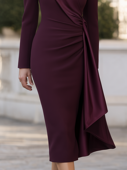 Boat Neck Sheath Dress With Draped Sash And Side-Ruched Waist