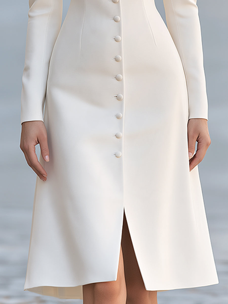 Elegant Stand Collar Button-Front Tailored Midi Dress
