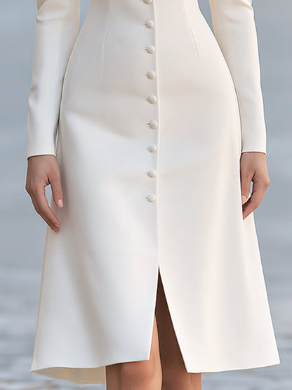 Elegant Stand Collar Button-Front Tailored Midi Dress