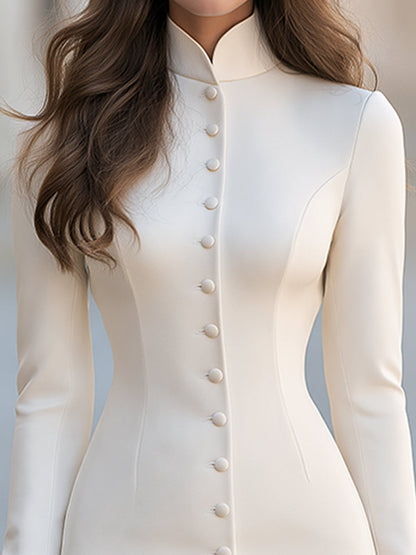 Elegant Stand Collar Button-Front Tailored Midi Dress