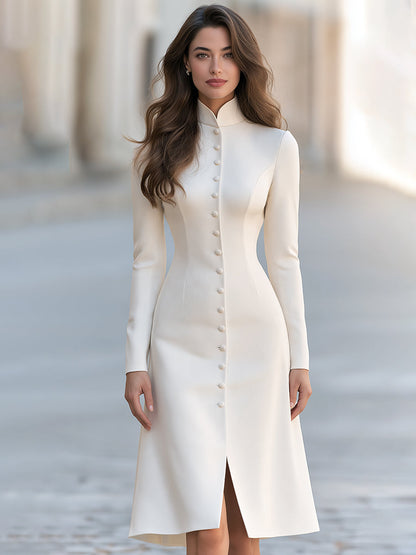 Elegant Stand Collar Button-Front Tailored Midi Dress