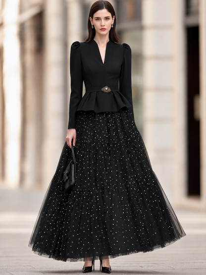 Crystal-Embellished Peplum Blazer And Tulle Maxi Skirt Set
