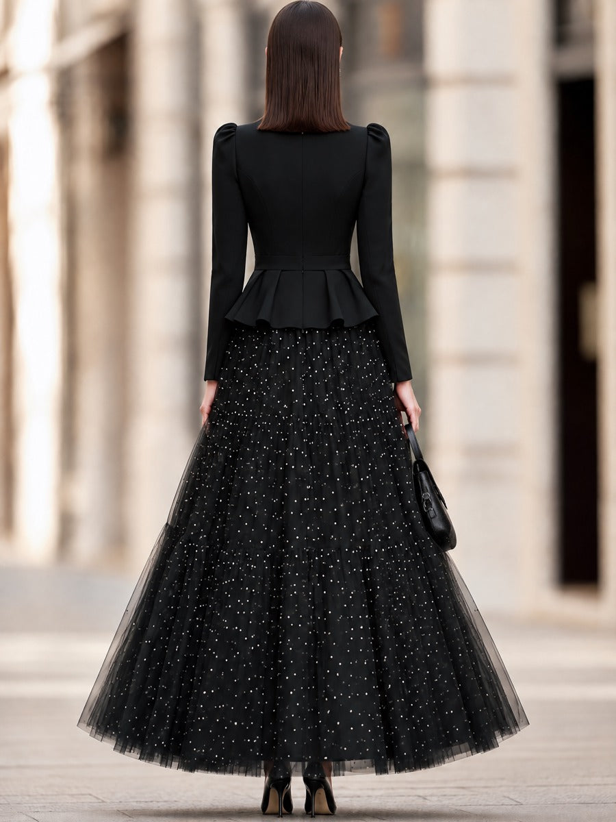 Crystal-Embellished Peplum Blazer And Tulle Maxi Skirt Set