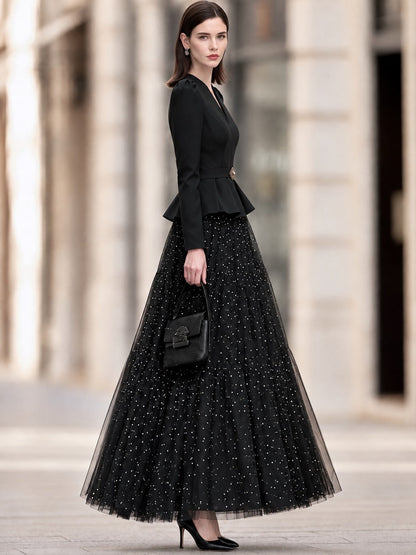Crystal-Embellished Peplum Blazer And Tulle Maxi Skirt Set