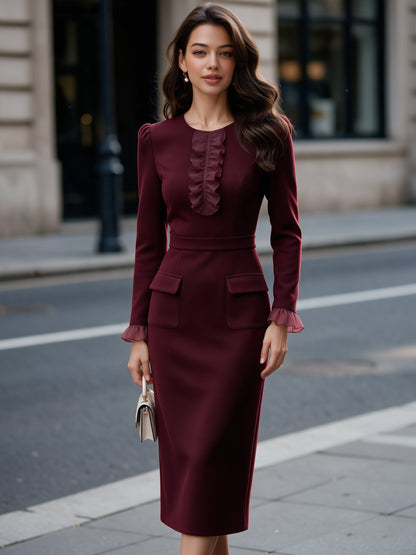 Organza Ruffle Trim Tailored Midi Dress