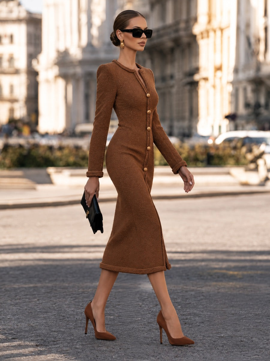 Caramel Brown Bouclé-Style Midi Dress with Gold Buttons and Braided Trim, Slim Fit Long Sleeve