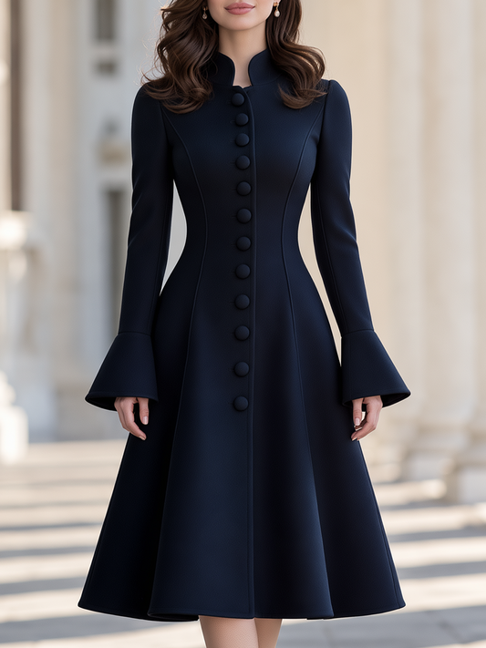 Elegant Single Breasted Stand Collar Flare Sleeve Midi Coat