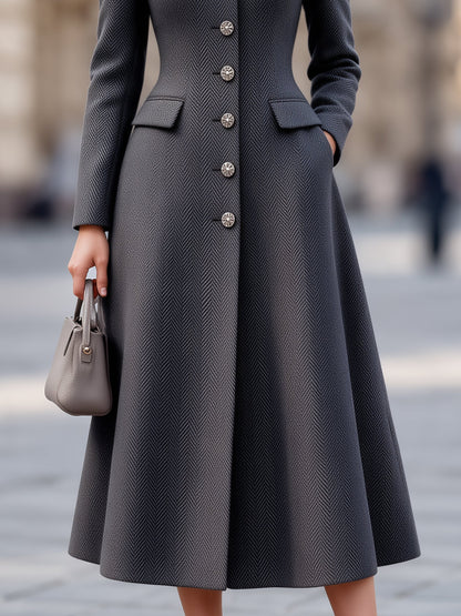 Herringbone Button-Front Woolen A-Line Midi Coat Dress