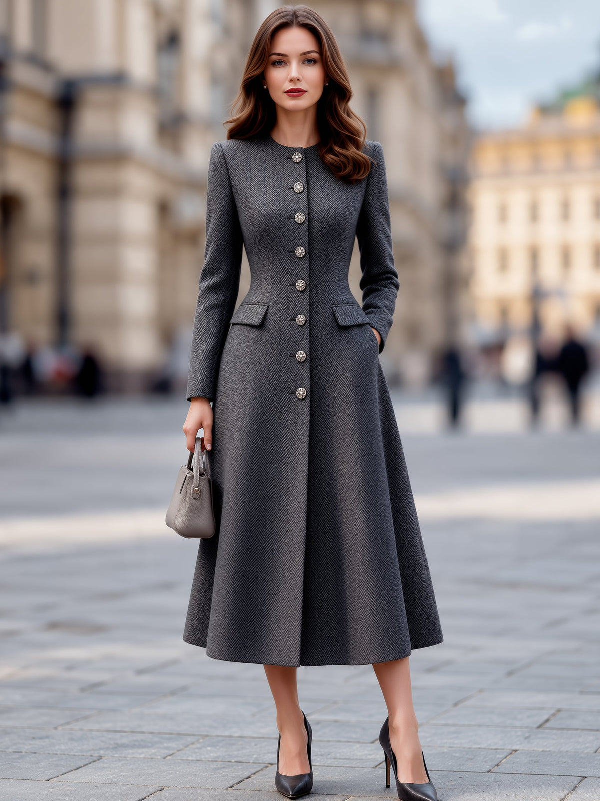 Herringbone Button-Front Woolen A-Line Midi Coat Dress