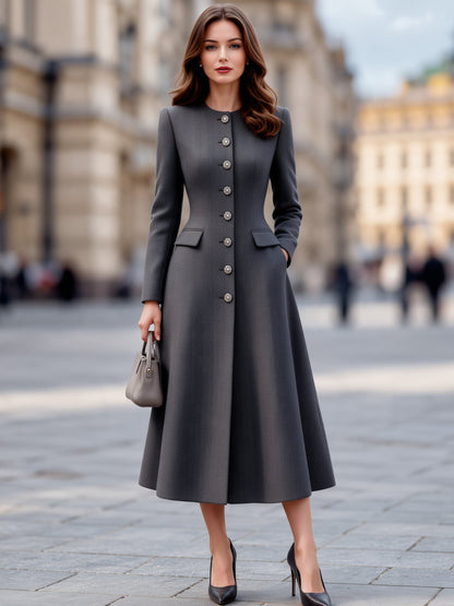 Herringbone Button-Front Woolen A-Line Midi Coat Dress