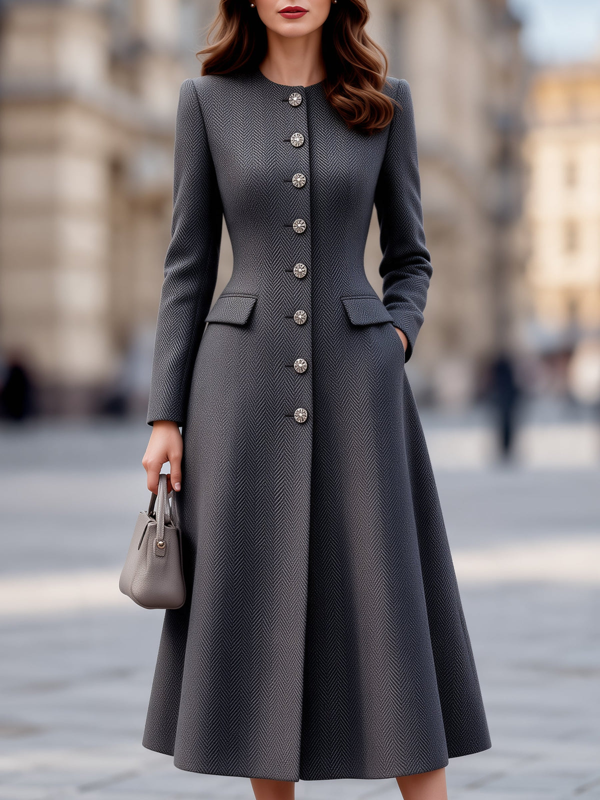 Herringbone Button-Front Woolen A-Line Midi Coat Dress