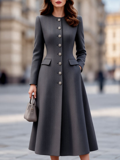 Herringbone Button-Front Woolen A-Line Midi Coat Dress