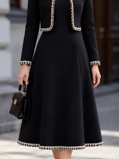 Tweed Fringe Trim Cropped Jacket And A-Line Midi Dress Two-Piece Set