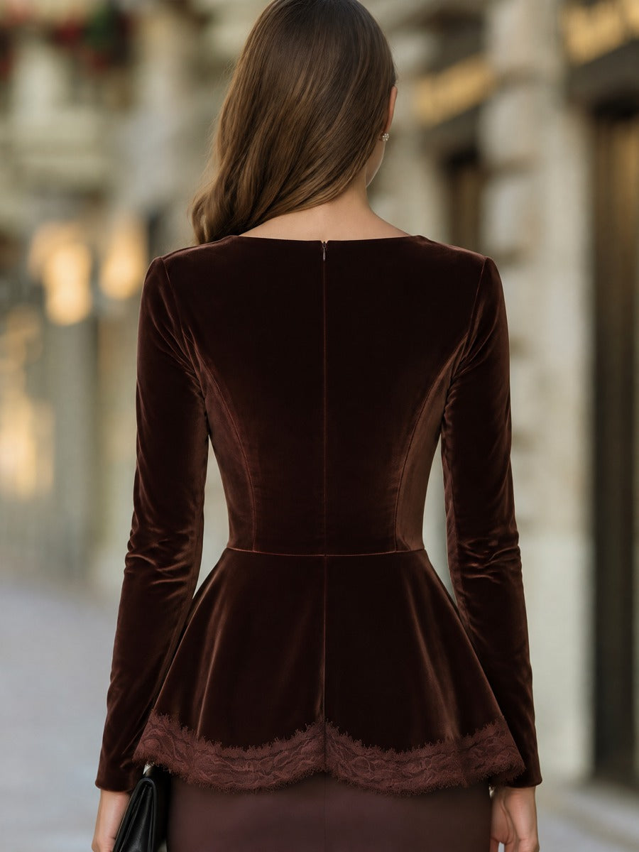 Velvet Peplum Top With Lace-Trimmed Asymmetric Hem