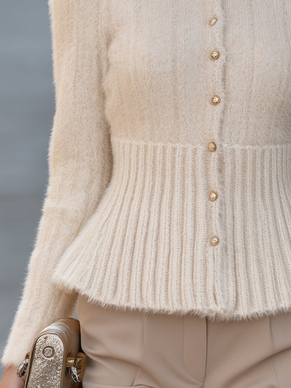 Elegant Gold Button Fuzzy Knit Peplum Cardigan