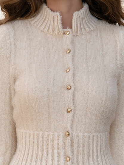 Elegant Gold Button Fuzzy Knit Peplum Cardigan