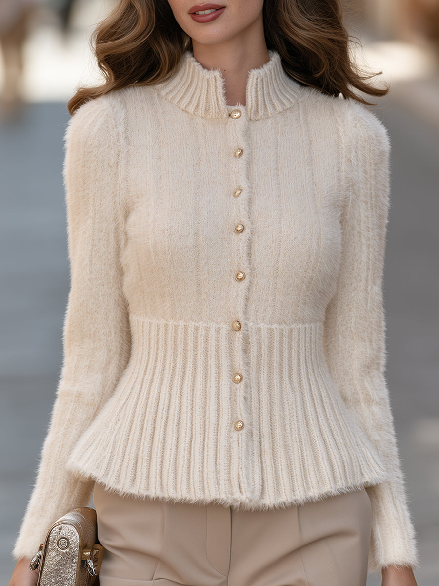Elegant Gold Button Fuzzy Knit Peplum Cardigan