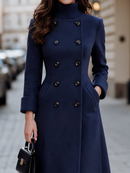 Double-Breasted High Neck Woolen Long Coat