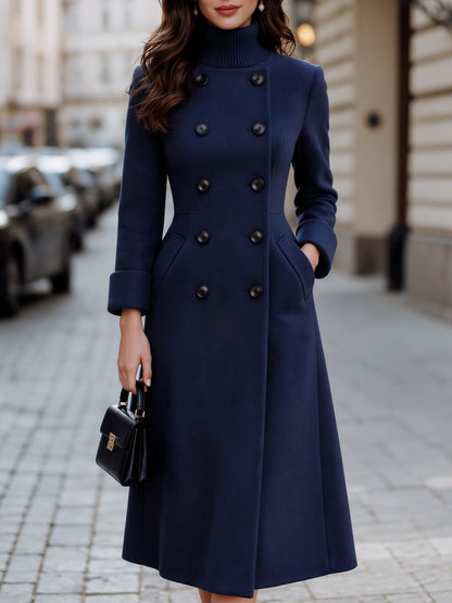 Double-Breasted High Neck Woolen Long Coat