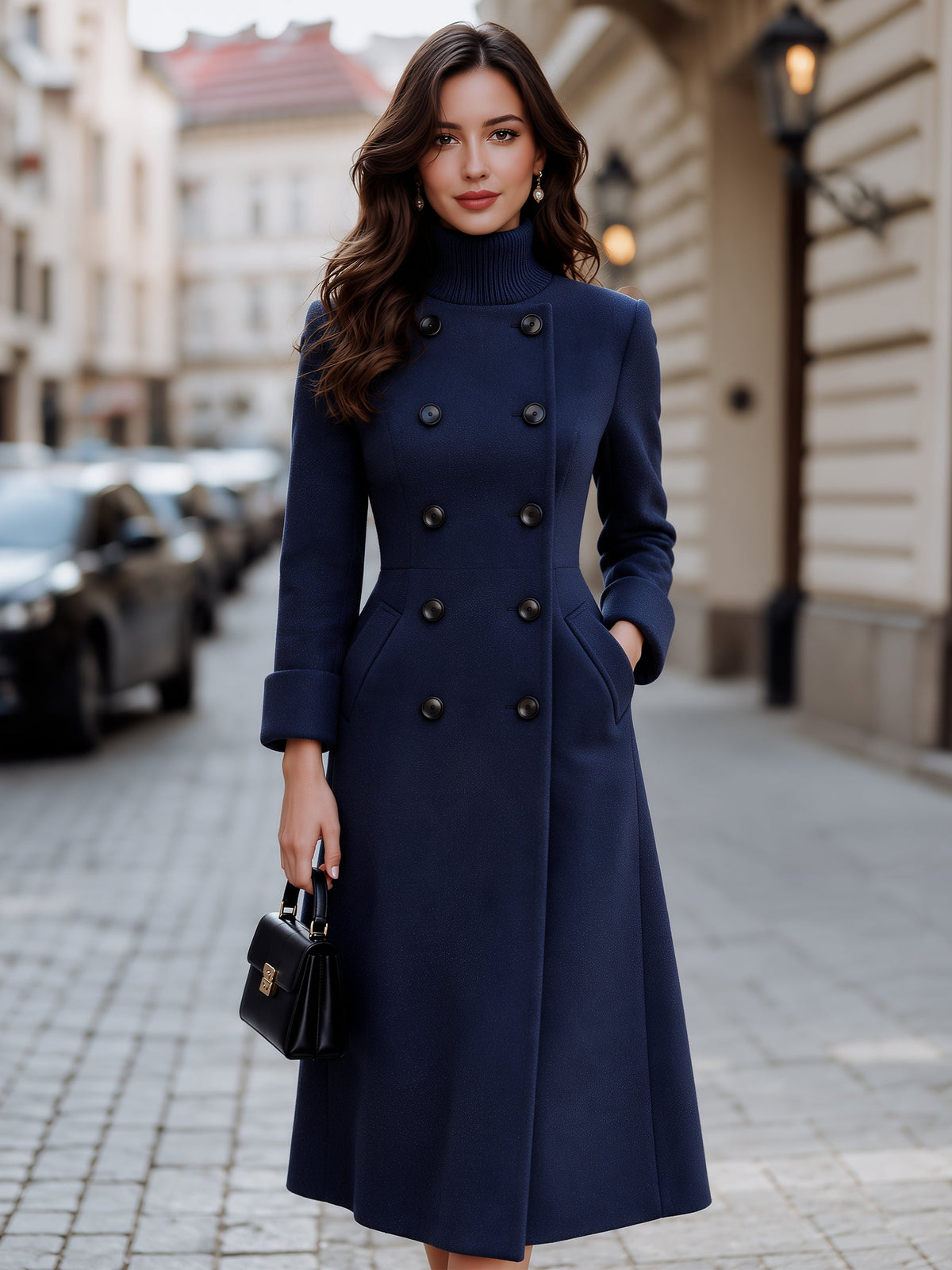 Double-Breasted High Neck Woolen Long Coat