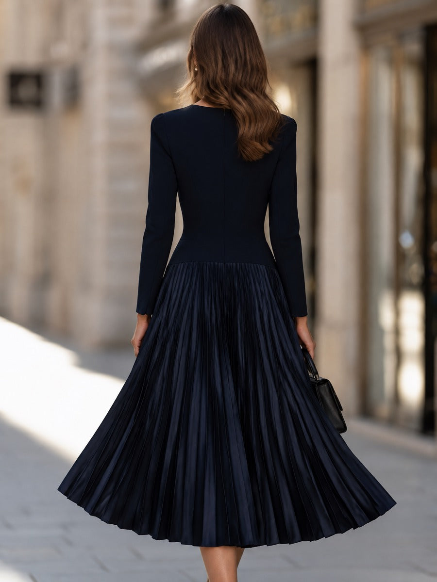 Long-Sleeve Pleated Fit-and-Flare Midi Dress