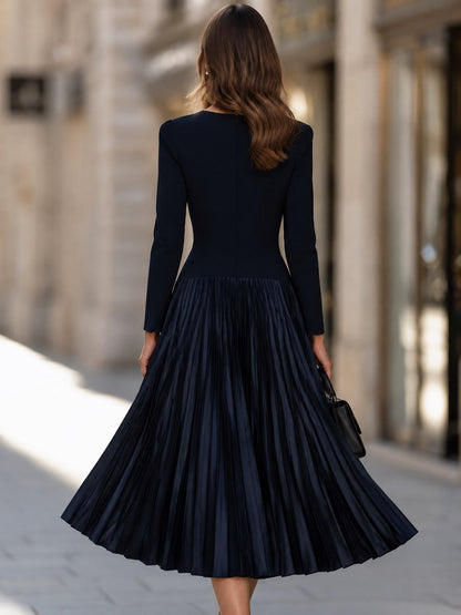 Long-Sleeve Pleated Fit-and-Flare Midi Dress