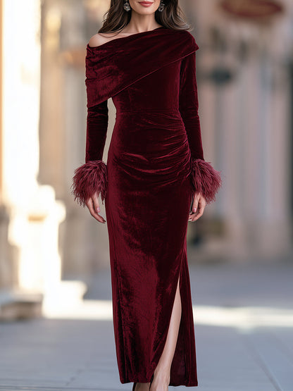 Off-Shoulder Velvet Ruched Midi Dress With Feather Cuffs