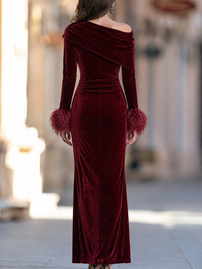 Off-Shoulder Velvet Ruched Midi Dress With Feather Cuffs