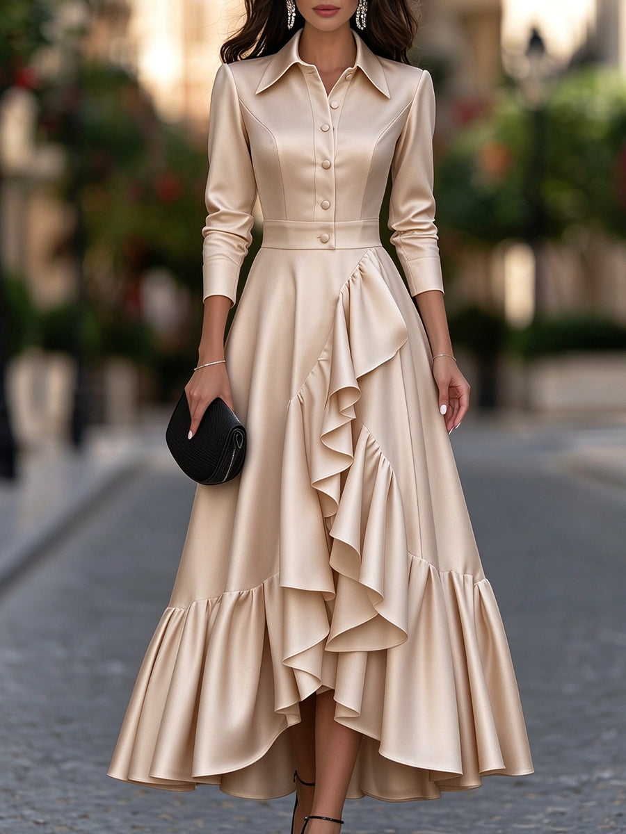 Satin Button-Front Ruffle Maxi Shirt Dress