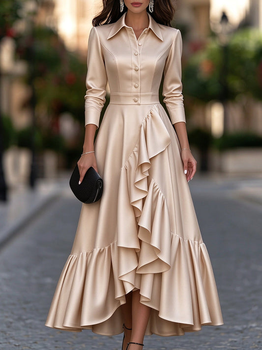 Satin Button-Front Ruffle Maxi Shirt Dress