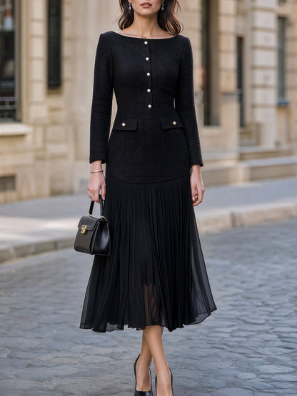 Pleated Hem Tweed Midi Dress