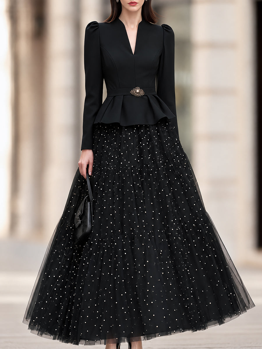 Crystal-Embellished Peplum Blazer And Tulle Maxi Skirt Set